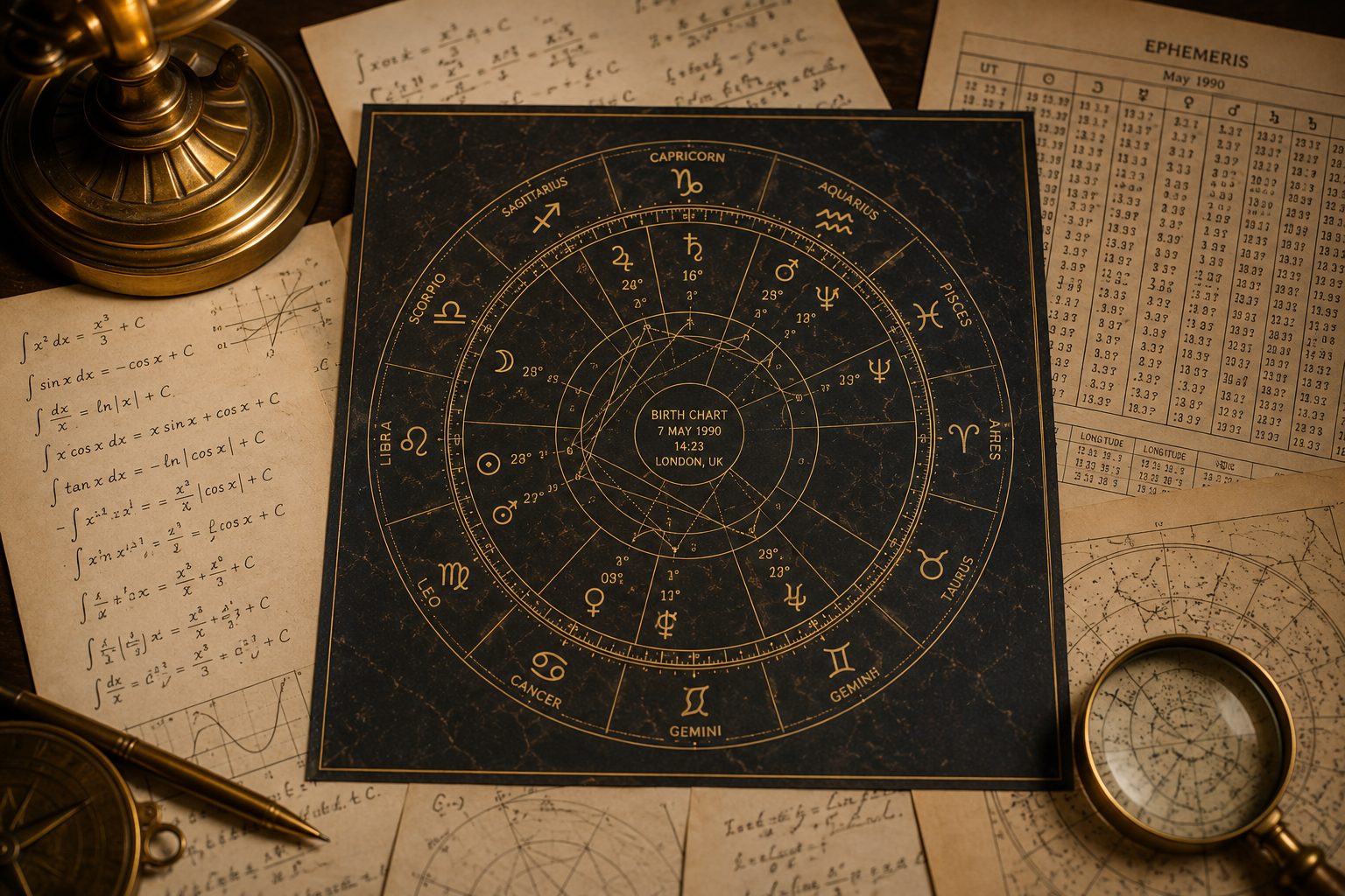 Mapa astral calculado, com anotações e cálculos ao fundo