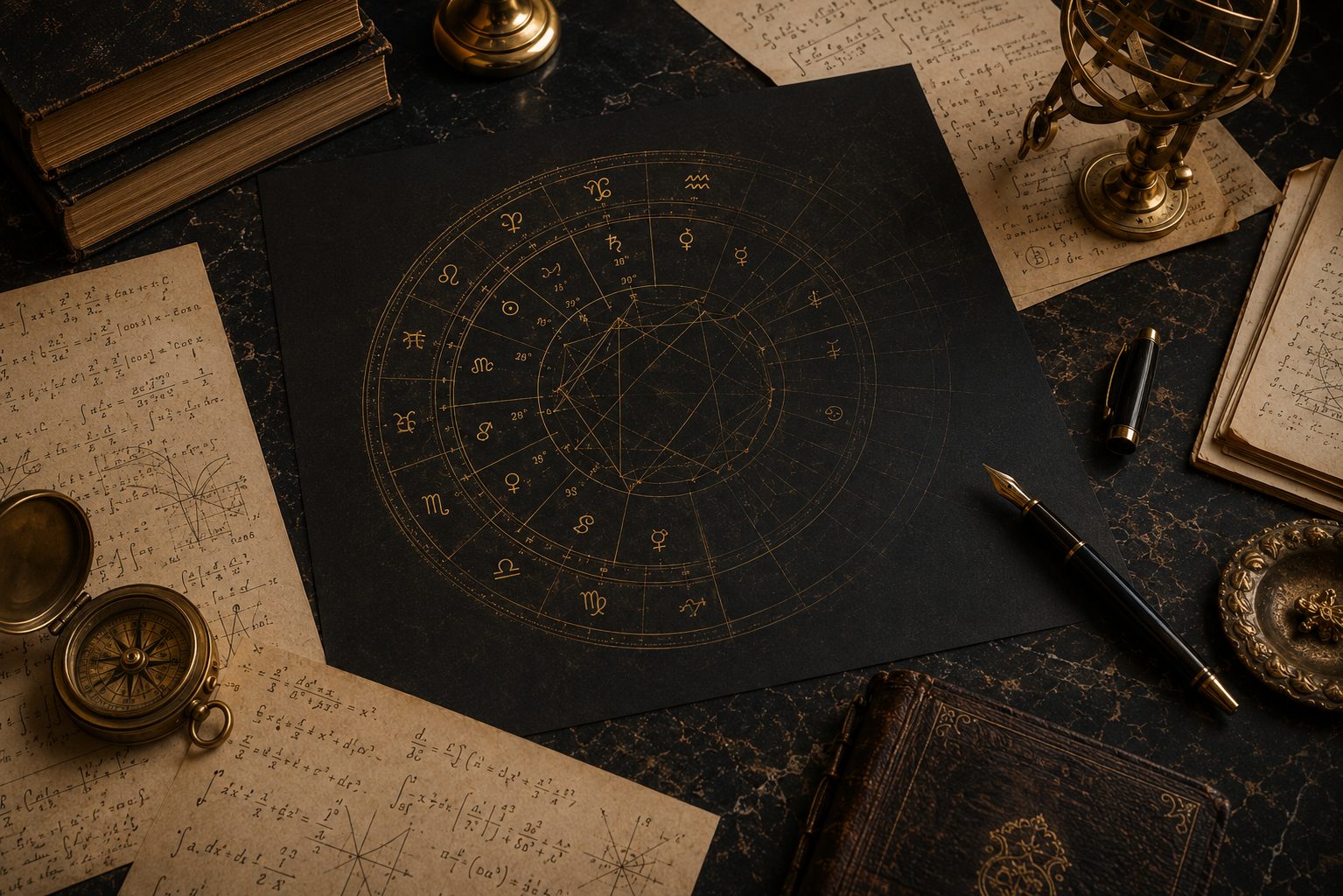 Mesa de estudo com mapa astral, cálculos e instrumentos de precisão